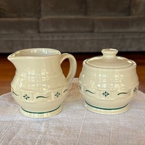 Longaberger Pottery Sugar & Creamer Set In Traditions Heritage Green Pattern